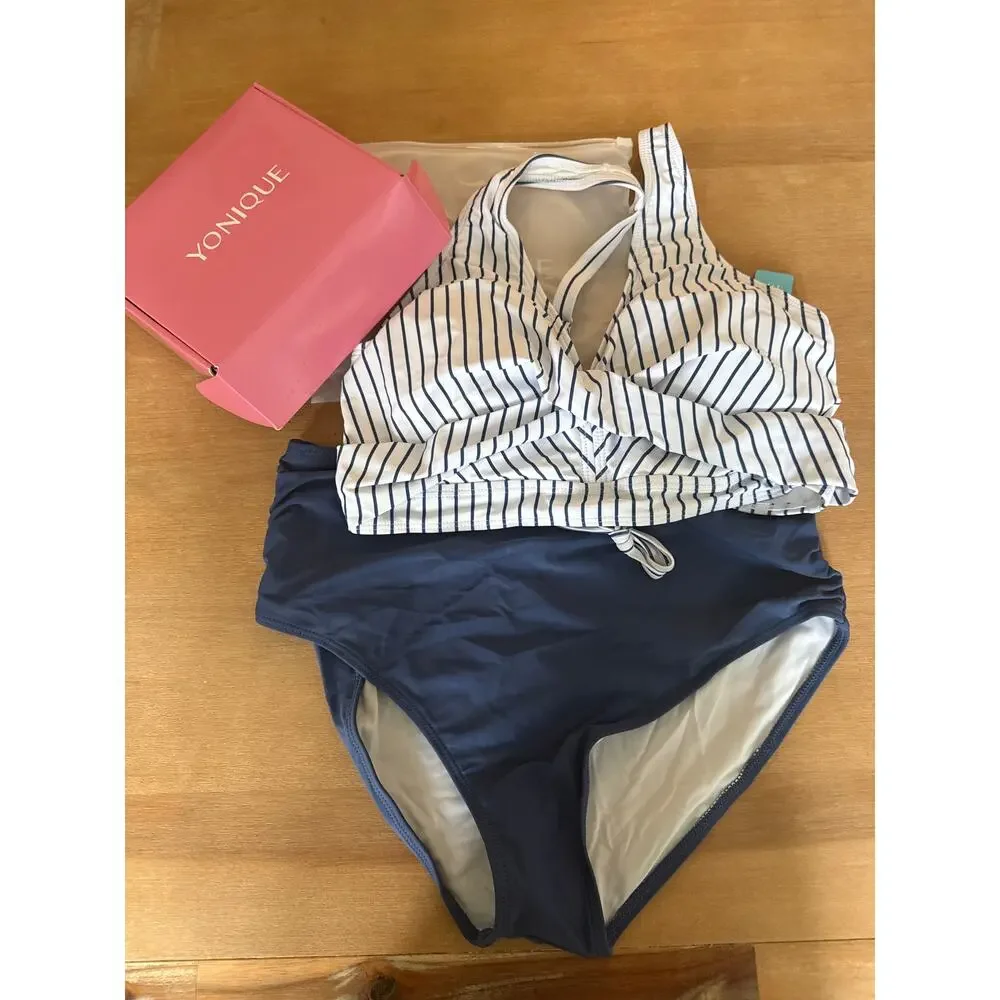 Yonique Womens Two-Piece NWT Swimsuit Blue Striped Large
